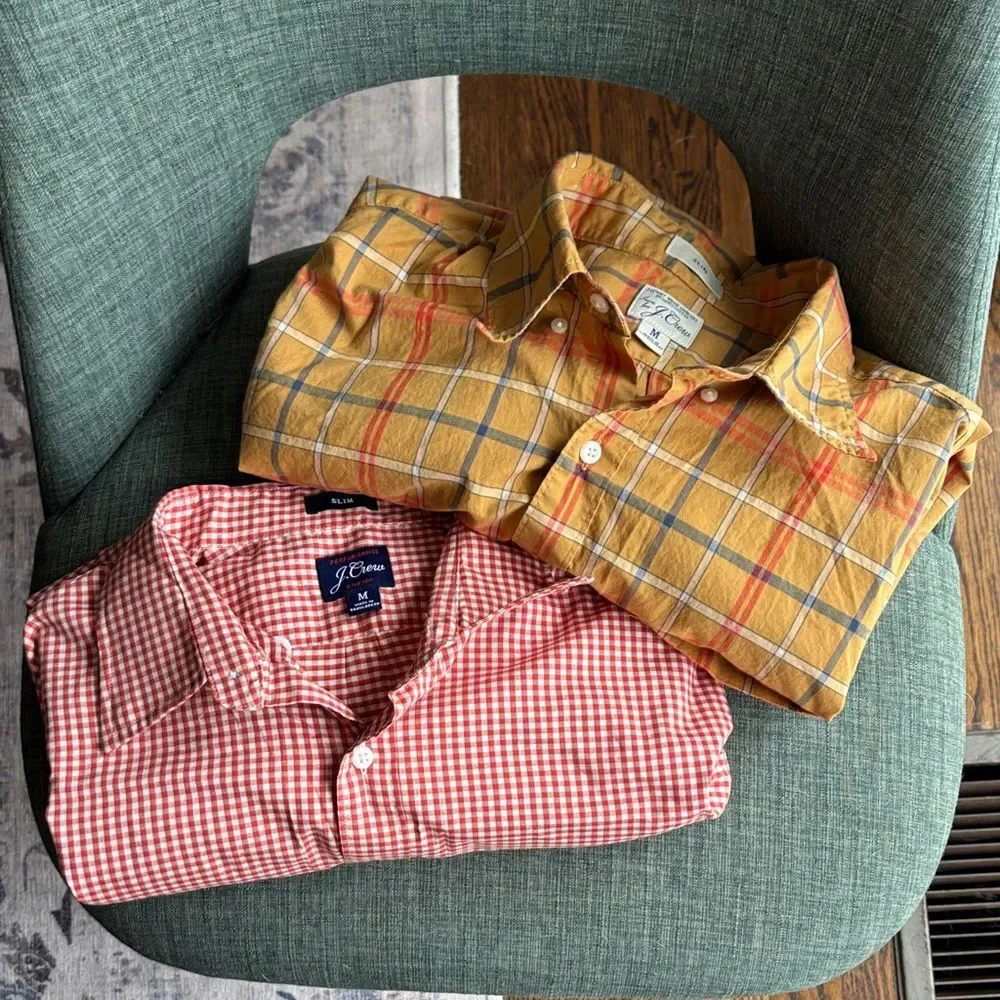 J. Crew pair of Red Yellow Plaid Men casual cotton button down Shirts M slim EUC